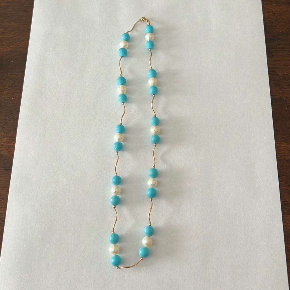 Larimar and pearl necklace. Gold plated. 9”
